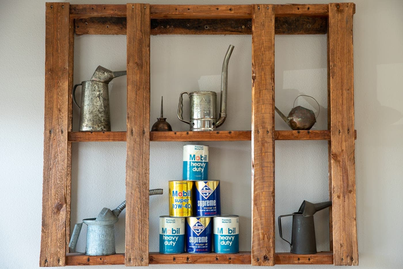 Classic motor-oil cans on display